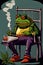 elegant southern cool frog smoking character near a pond at sunset cartoon illustration