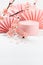 Elegant spring cylinder podium mockup, asian fans, branch of gentle pink sakura flowers in sunlight, shadow in white interior