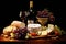 Elegant Still Life Display of Wine, Cheese, and Fruit on a Dark Background