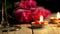 Elegant still life in macro made of burning candles and flowers lying next to grape with wineglasses