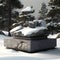Elegant stone podium in a winter zen rock garden with pine trees AI generation