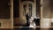 elegant stylish handsome groom looking at his gorgeous bride playing the piano. reflection in the mirror. unusual luxury wedding