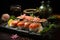 Elegant Sushi Banquet: Variety of fish, rice, textured details, intimate environment., generative IA