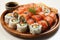 Elegant sushi plate with chopsticks on white background, showcasing japanese culinary artistry