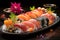 Elegant sushi roll topped with fresh salmon, roe, and garnish on a sleek black plate