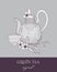 Elegant teapot with strainer, glass cup and original green tea leaves and flowers hand drawn with contour lines on gray