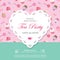 Elegant template with lacy cutout heart. Tea party invitation. Seamless pattern with sweets included.