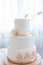 Elegant three tier wedding cake, covered in royal icing with beautiful peach color accents, edible flowers and details