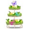 Elegant tiered shelf with decorated shelves, green grass, flowers, butterflies. Elements of vintage interior in the