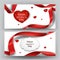 Elegant valentine`s day banners with silk red ribbons and sparkling red hearts