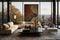 Elegant velvet sofa and marble coffee table in a modern living room with a beautiful view