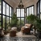 An elegant Victorian conservatory with wrought iron furniture and lush greenery1