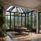 An elegant Victorian conservatory with wrought iron furniture and lush greenery2