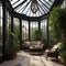 An elegant Victorian conservatory with wrought iron furniture and lush greenery3
