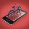 Elegant vintage bicycle on touchscreen of smartphone with road, digital fitness sports bike rental app metaphor. render isolated