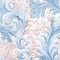 Elegant vintage-inspired wallpaper features a seamless pattern with shades of blue and pale pink. The classic and retro floral