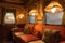 elegant vintage train lamp above upholstered seats