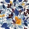 Elegant vintage vector seamless floral pattern with crocus flowers and blue leaves