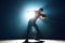 Elegant violinist immersed in music stands on stage with intense backlighting adding drama. Musician silhouette.