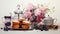 Elegant watercolor composition of a tea party spread, complete with teapot, cups