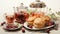 Elegant watercolor composition of a tea party spread, complete with teapot, cups