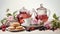 Elegant watercolor composition of a tea party spread, complete with teapot, cups