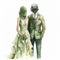 Elegant Watercolor Couple In Green With Lovecraftian Masks