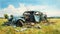 Elegant Watercolor Still-life: Crashed Car In Grassy Field