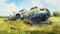 Elegant Watercolor Still-life: Crashed Submarine In Grassy Field