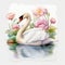 Elegant Watercolor Swan Swimming Gracefully Amongst Blooming Lotus Flowers AI Generated
