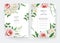 Elegant wedding invitation, save the date card set. Pink peony, cream white rose flowers, greenery garden fern leaves bouquet