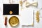 Elegant wedding stationery set. Wedding invitation card template, black wedding envelope with wax seal stamp, golden ring, golden