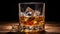 Elegant whiskey glass isolated on a rich brown background with ample copy space for text placement