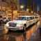 Elegant white limousine navigating through a bustling cityscape at dusk