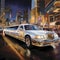 Elegant white limousine navigating through a bustling cityscape at dusk