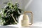 Elegant white metallic watering can with long thin spout and yellow thin circular handle on table, houseplanton background