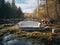 Elegant white victorian couch abandoned in the forest in dense vegetation. Autumn dead leaves background.