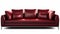 Elegant wine-colored satin sofa with cushions, on thin metal legs, isolated on a white background.