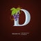 Elegant Wine Logo. Monogram Letter D. Royal capital letter is surrounded Grapes, Leaf and Curl. Calligraphic emblem design or