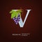 Elegant Wine Logo. Monogram Letter V. Royal capital letter is surrounded Grapes, Leaf and Curl. Calligraphic emblem design or