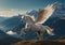 Elegant Winged Unicorn Rearing up in Snowy Mountains