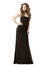 Elegant Woman in Black Long Dress, Beautiful Lady in Evening Gown, Fashion Model Beauty Portrait on White