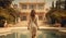 Elegant Woman in Dress by Pool at Gulf Coast Mansion AI Generated