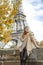 Elegant woman on embankment in Paris, France looking aside