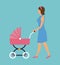 Elegant woman with pink carriage baby walking