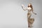 Elegant Woman Sparkling Lace Dress, Happy Running Fashion Model in Beautiful Gown, Beauty Studio Portrait
