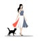 Elegant woman walking with black cat, stylish dress and high heels. Graceful lady strolling with cat companion. Elegant