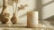 Elegant wood grain candle mockup with minimalist design in a serene setting.