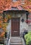 Elegant wood grain front door surrounded by ivy