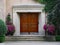 Elegant wooden front door and portico entrance